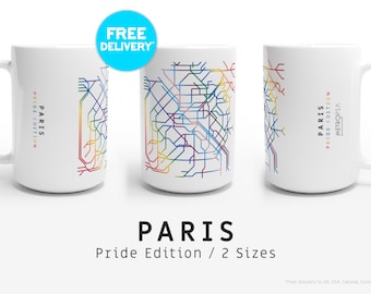 PARIS / Pride Edition / Mugs / 2 Sizes  / Minimalist map illustration inspired by Paris's subway metro and train transport system