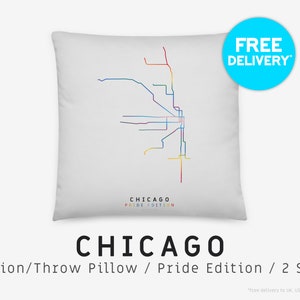 CHICAGO / Coussin décoratif, Coussin / Édition Pride / Illustration de carte minimaliste inspirée du réseau de transport du métro CTA à Chicago