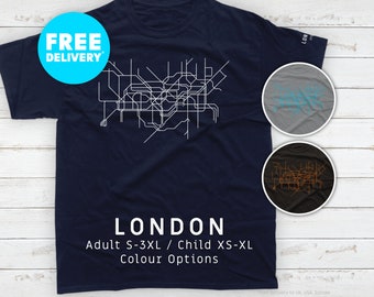 LONDON / T-Shirt / Heavyweight Cotton Unisex / Minimalist map illustration inspired by the London Underground tube map metro transit system