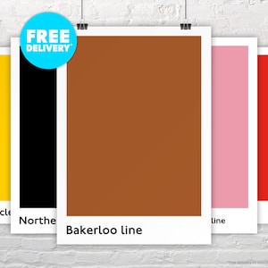 May include: Four posters with different colored backgrounds and text. The first poster is yellow with the text "Circle". The second poster is black with the text "Northern". The third poster is brown with the text "Bakerloo line". The fourth poster is pink with the text "line".