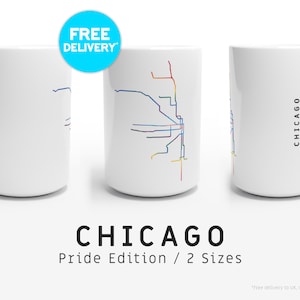 CHICAGO / Édition Pride / Mugs / 2 tailles / Illustration de carte minimaliste inspirée du réseau de transport en commun CTA de Chicago