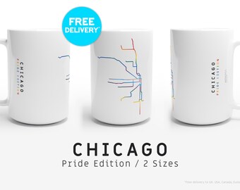 CHICAGO / Pride Edition / Mugs / 2 Sizes  / Minimalist map illustration inspired by Chicago&#39;s CTA metro transit network