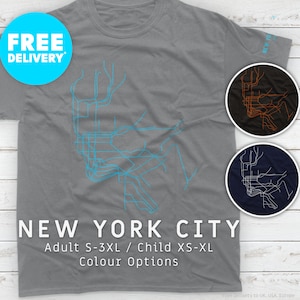 NEW YORK CITY / T-Shirt / Heavyweight Cotton Unisex / Minimalistische Kartenillustration, inspiriert vom mta-U-Bahnnetz in nyc