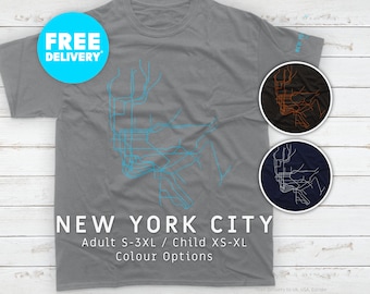 NEW YORK CITY / T-Shirt / Heavyweight Cotton Unisex / Minimalist map illustration inspired by the mta subway transit system network in nyc