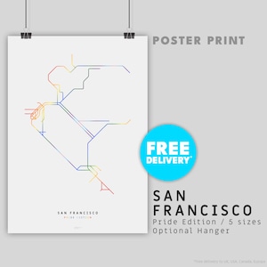 SAN FRANCISCO / Pride Edition / Stampa poster / Illustrazione della mappa line art ispirata al sistema di trasporto metropolitano e ferroviario di San Francisco