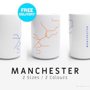 MANCHESTER / Tazas / 2 Tamaños / Ilustración de mapa minimalista inspirada en el sistema de transporte de tren ligero Metrolink de Manchester