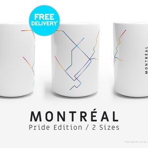 MONTRÉAL / Édition Fierté / Tasses / 2 tailles / Illustration de carte minimaliste inspirée du réseau de transport en commun de la STM de Montréal