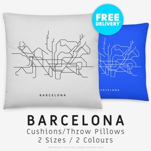 BARCELONA / Throw Pillow, Cushion / Ilustración de mapa minimalista inspirada en la red de transporte del metro de Barcelona, España