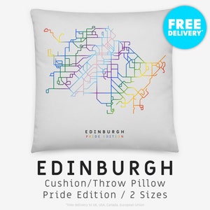 EDIMBURGO / Almofada, Almofada / Pride Edition / Ilustração de mapa minimalista inspirada na rede de transporte de ônibus em Edimburgo, Escócia