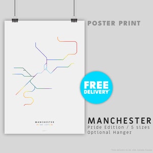 MANCHESTER / PRIDE EDITION / Impresión de póster / Ilustración de mapa minimalista inspirada en el sistema de transporte de tren ligero Metrolink de Manchester