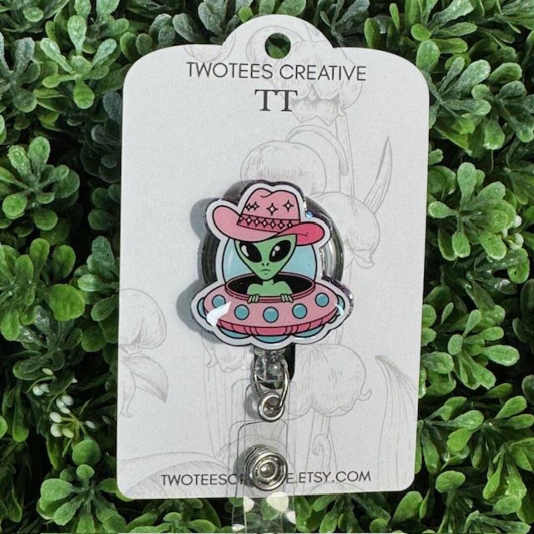 Pink Alien Cowboy UFO Retractable Badge Reel. UV Resin, Glitter, Uv Dtf ...
