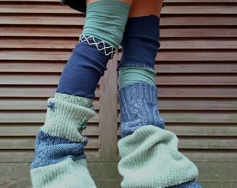 Upcycled & asymmetrical green and blue wool pattern high gaiters