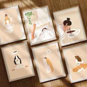 Set di 6 stampe artistiche / Decorazione da parete con caffè, yoga e positività / Set da parete con galleria minimalista neutra / Confezione regalo Calm Home senza cornice