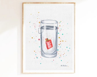 Book Art Print. Bookworm lover gift idea. Only positive thoughts illustration. Watercolour like painting | A drink for the soul - A5/A4