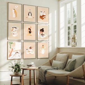 Set di 9 stampe artistiche / Caffè, yoga e citazioni positive / Set di stampe da parete minimaliste neutre / Set da galleria senza cornice / Idea regalo rilassante