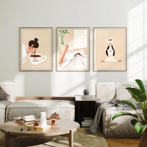 Set di 3 stampe artistiche / Arte murale a tema caffè, yoga e positività / Decorazione minimalista neutra per casa, ufficio o regalo / Set di stampe senza cornice