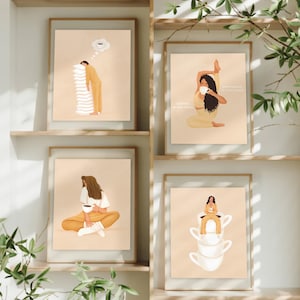 Set di 4 stampe artistiche / Arte murale con citazioni positive su caffè, yoga e altro / Decorazione per la casa minimalista e neutra / Set da parete senza cornice / Idea regalo