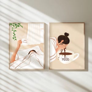 Set di 2 stampe artistiche / Arte murale con citazioni positive su caffè, yoga e altro / Decorazione per la casa minimalista e neutra / Coppia di stampe senza cornice / Idea regalo rilassante