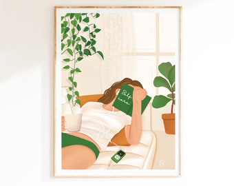 Plant Art Print. Plant lover gift idea. Room full of plants illustration. Girl reading painting | Self-Care - A5/A4