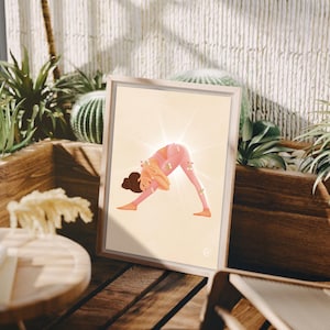 Self-Love Yoga Print – Girl in Healing Pose with Bandages and Blossoms, Feminine Growth Wall Art, Mindful Decor, Yoga Studio – A5/A4 Print