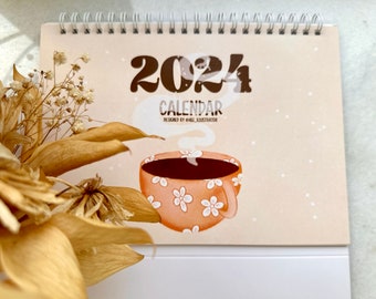 2024 Coffee Desk Calendar, Minimal, Monday Start (+ quote + resolution of the month), Landscape, A5, Year - Gift Idea