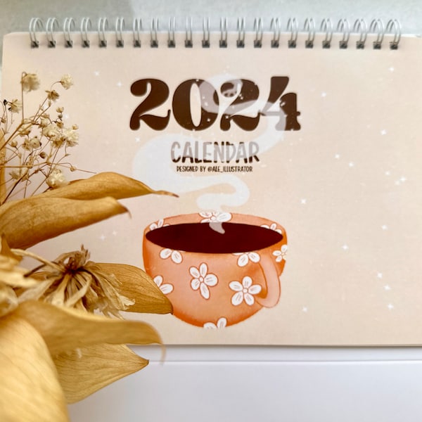 2024 Kaffee Tischkalender, Minimal, Montag Start (+ Zitat + Auflösung des Monats), Querformat, A5, Jahr - Geschenkidee