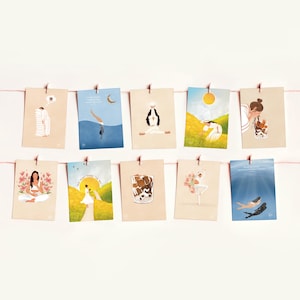 Lot de 10 mini impressions d'art - impressions de cartes postales - café, yoga et affirmations positives, lot de joie, décoration édifiante de pleine conscience - format A6