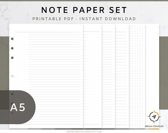 Note Paper Set | Lined · Dot · Graph Paper Refills | 5mm & 6mm Line Spacing | Minimal Planner Inserts | Note Paper Template Printable | A5