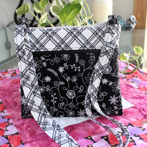 Cloth Fabric Zippy Crossbody Cellphone Bag made with black and white fabric, features 4 zippered compartments, Practical Shoulder Bag