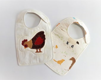 Chicken Baby Bib, Set of Two Bibs, Farm Bib, Baby Shower Gift, Handmade Bibs, New Baby Gift, 2 Cute Baby Bibs, Newborn Gift, Animal Bibs