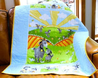 Susybee Hildy Goat Baby Quilt – Handmade Nursery Throw – Playful Goat Panel