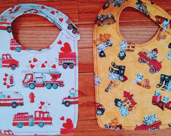Firefighter Baby Bib Set – Reversible Cotton, Fleece Lined, Velcro Fasteners