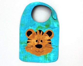 Handmade Tiger Appliqué Baby Bib, Safari Fleece Lined, Reversible Cotton, Hook and Loop Closure