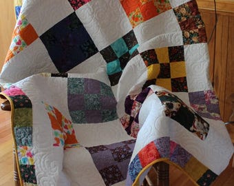 Handmade Scrappy Nine-Patch Quilt – 74" x 90" – Vintage-Inspired Cotton Patchwork Bedspread
