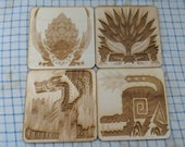 Monster Hunter Icons (Rise icons now available ) - Birch Wood - Custom laser engraved cut - Available as magnets, coasters, coins and more