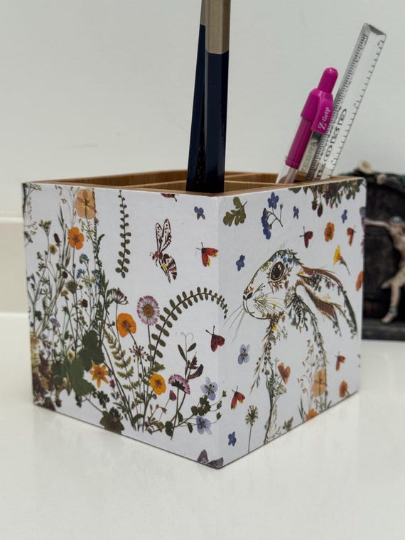 Office and Desk Storage, Floral Hare, Pen Pot, Make Up Brush Holder, Pencil Holder, Office Storage, Office Decor, Handmade Decoupage