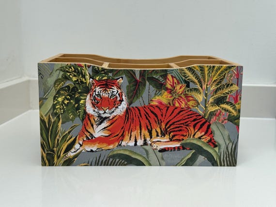 Stationery Holder, Utensil Caddy, Tiger, Four Compartment Box, Wooden Organiser, Bamboo Box with Handle, I love Tigers
