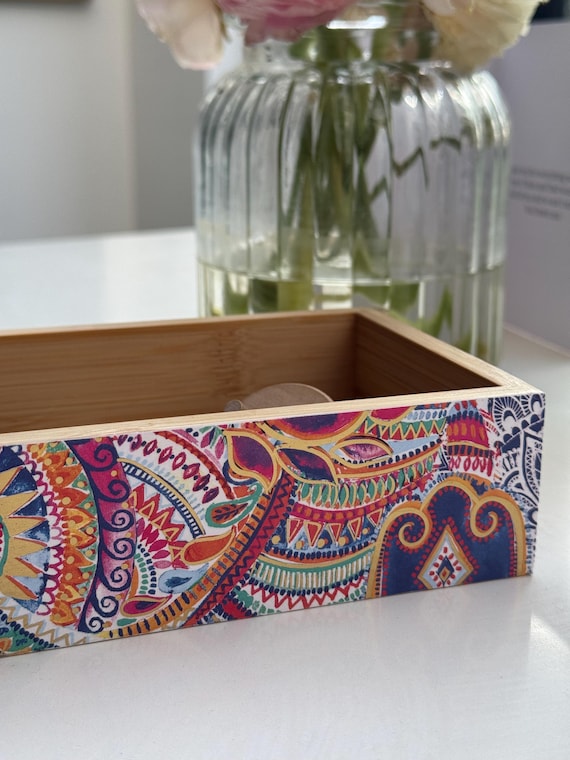Small Wooden box for bedside Bamboo Tray, Decorative Tray, Bedside Tray, New Home Gift, Key Pot,  Vibrant Design, Mum Present, Gift for Aunt