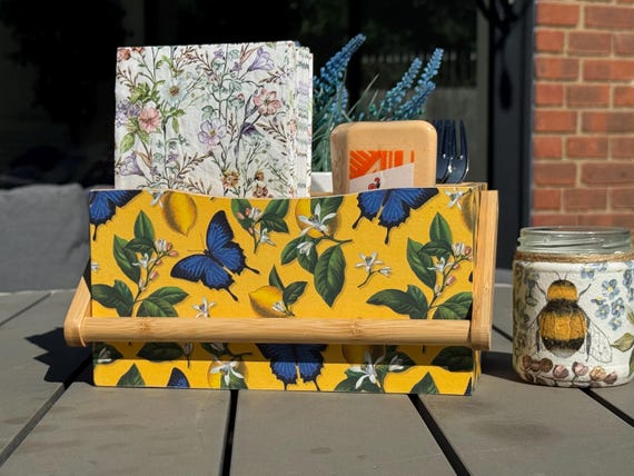 Cutlery Holder, BBQ Utensil Caddy, Butterflies and Lemons, Four Compartment Holder Box, Wooden Organiser, Bamboo Box with Handle, Yellow Box