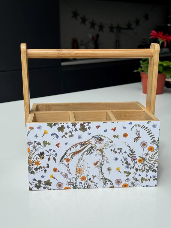 Floral Hare, Wildflower Hare, Cutlery Holder, Wooden Organiser, Bamboo Utensil Holder, Box with Handle, Dressing Room Organiser, Pretty Box