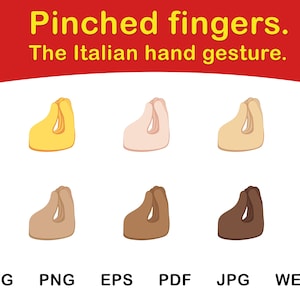Puede incluir: Seis ilustraciones del gesto italiano "dedos pellizcados" en diferentes tonos de piel: amarillo, rosa claro, beige claro, beige medio, marrón y marrón oscuro. El texto "Pinched fingers. The Italian hand gesture." está por encima de las ilustraciones.