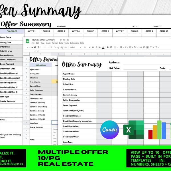 Real Estate Offer Spreadsheets Etsy