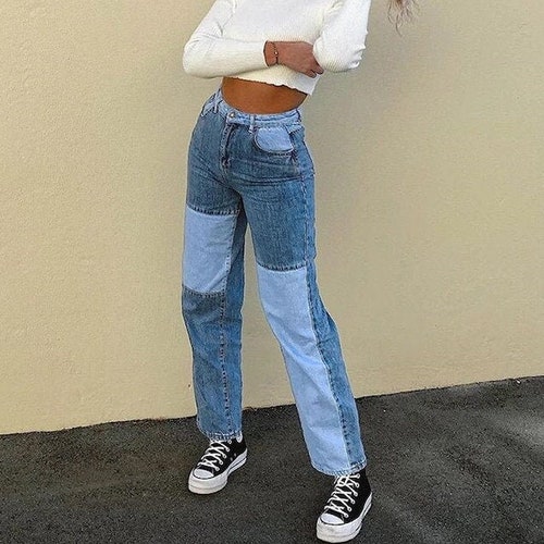 Patchwork Jeans Straight Y2K High Waisted Jeans / Streetwear Etsy