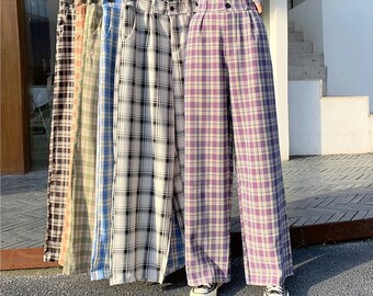 wide leg plaid trousers