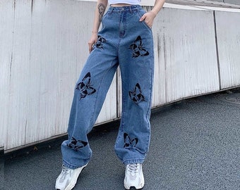 Women Baggy Jeans - Butterfly Print Jeans / Wide leg High Waisted Painted Jeans