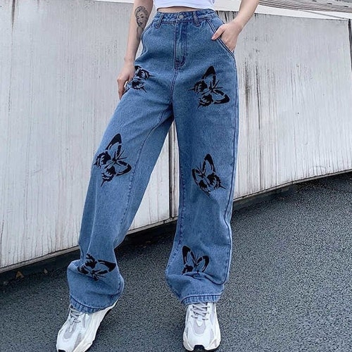 Women Baggy Jeans Butterfly Print Jeans / Wide Leg High - Etsy