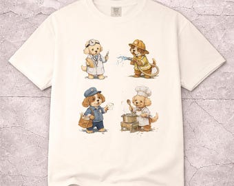 T-shirt puppyberoepen | Aquarelprint dierenarts, brandweerman, bakker, politieagent