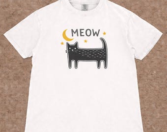 Minimalistisch Black Cat Moon-T-shirt, Kawaii Night Cat Lover-T-shirt