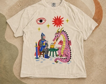 Dragon Tea Party Shirt, Knight and Pink Dragon Folk Art, Comfort Colors Tee