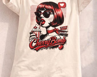 Vintage T-shirt met kersenbom | Rockabilly Diner-pop-art-shirt jaren 50